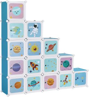 Meuble De Rangement Enfant 15 Cubes, Armoire Modulable Avec Portes, 153 X 31 X 153 Cm, Bleu