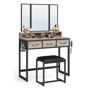 Coiffeuse avec Tabouret, 3 Miroirs, 3 Tiroirs, Porte-Sèche-Cheveux, Style Industriel, Grège, Noir