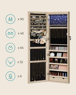 Armoire À Bijoux, Avec Miroir, Divers Compartiments, Verrouillable, 37 X 10 X 120 Cm, Couleur Chêne