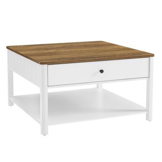 Table Basse, 2 Grands Tiroirs, 80 X 80 X 45 Cm, Brou De Noix Et Blanc