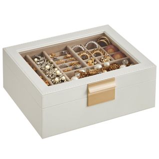 Boîte à Bijoux, Écrin à Accessoires 2niveaux, Avec Plateau Amovible, Blanc Nuage Et Doré Métallique