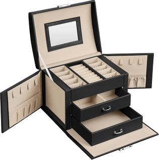 Boîte À Bijoux, Avec 2 Tiroirs, Miroir, Serrure Et Clés, 17,5 X 13,5 X 12 Cm, Noir