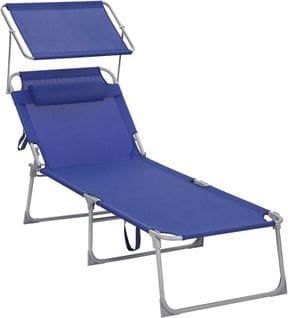 Chaise Longue, Charge 150 Kg, Avec Appui-tête, Dossier Et Parasol Inclinables, Pliable, Bleu Foncé