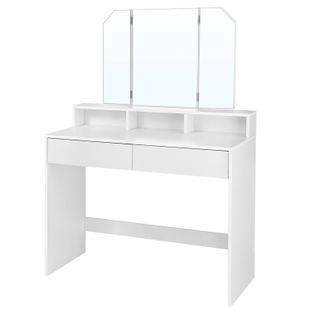 Coiffeuse Avec 3 Miroirs, 2 Tiroirs Et 3 Compartiments De Rangement, Sans Tabouret, Blanc