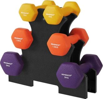 Set Haltère, 3 Paires, 2 X 1 Kg, 2 X 1,5 Kg, 2 X 2 Kg, Support, Jaune, Orange Et Violet