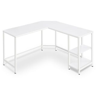 Bureau D'angle En L, 138 X 138 X 76 Cm, Poste De Travail Avec 2 Étagères, Blanc Érable