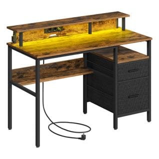 Bureau Gaming Avec Lumières Led Et Multiprise,avec Support D'écran, 2 Tiroirs, 2 Ports Usb, Marron