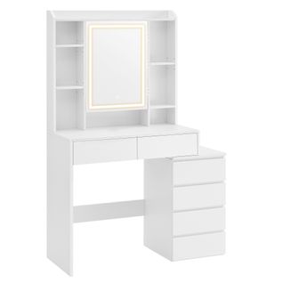 Coiffeuse, Grand Miroir LED à Luminosité Réglable, Compartiments Ouverts, Blanc Nuage