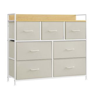 Commode, 7 Tiroirs En Tissu Avec Poignées, Cadre En Métal, Style Moderne, Blanc Crème Et Beige Chêne