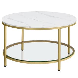 Table Basse, Façon Marbre, Support En Verre Trempé, Blanc Marbré Et Doré Métallique