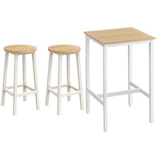 Ensemble Table Haute Avec 2 Tabourets De Bar, Table De Bar Carrée, Couleur Chêne Beige Et Blanc