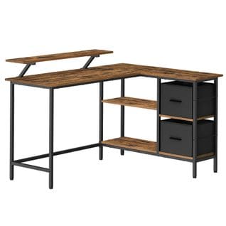 Bureau En Forme De L Avec 2 Tiroirs Spacieux, Avec Support Pour Écran, Longueur 135 Cm, Marron