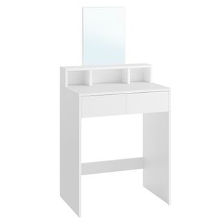 Coiffeuse Avec Grand Miroir, Table De Maquillage, Avec 2 Tiroirs Et 3 Compartiments, Blanc