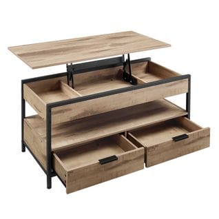 Table Basse Avec Plateau Relevable, Avec Rangement Ouvert Et Compartiment Caché, Marron Et Noir