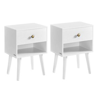 Tables De Chevet, Lot De 2, Tables Basses Avec Tiroir Et Compartiment Ouvert, Pieds En Bois,  Blanc