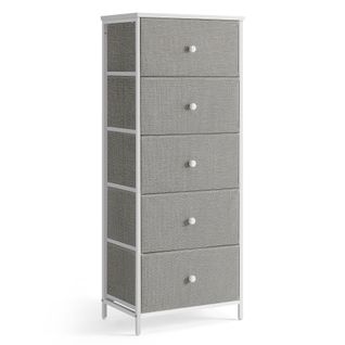 Commode, Colonne De Rangement En Tissu Avec 5 Tiroirs, Cadre En Métal, Gris Tourterelle Et Blanc