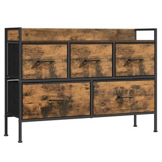 Commode Pour Chambre, 5 Tiroirs En Tissu Avec Poignées, Cadre En Acier,  Marron Rustique Et Noir