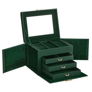 Boîte à Bijoux 4 Niveaux, Coffre De Rangement, Avec Poignées, 3 Tiroirs, Miroir, Serrure, Vert Rétro