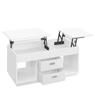 Table Basse, Table De Salon Relevable Avec 2 Tiroirs Et Compartiments Cachés, Blanc Neige