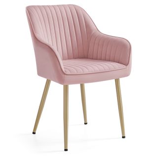 Chaise Salle à Manger, En Velours, Rembourrée, Avec Accoudoirs, Rose Bonbon Et Doré Clair