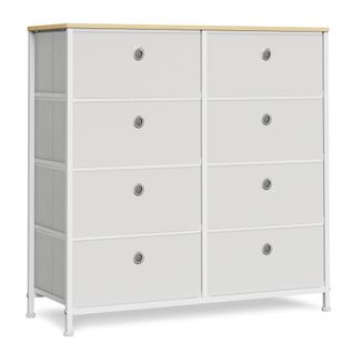 Commode, Meuble De Rangement Avec 8 Tiroirs En Tissu, Blanc Crème Et Couleur Chêne