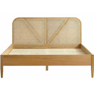 Lit Adulte 140x190 Cm En Placage Chêne Avec Tête De Lit En Bois Massif Et Cannage Naturel - Leonie