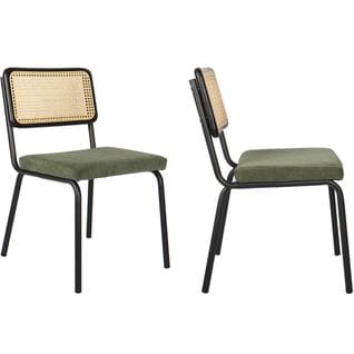 Lot De 2 Chaises En Métal Et Bois Noir, Cannage Naturel Et Velours Côtelé Vert - Paula