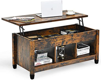 Table Basse Avec Plateau Relevable,3 Compartiments Ouverts Pour Rangement Meuble Polyvalents