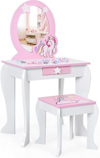 Coiffeuse Pour Enfant Avec Tabouret, Miroir Détachable Et 1 Tiroir De Rangement Blanc