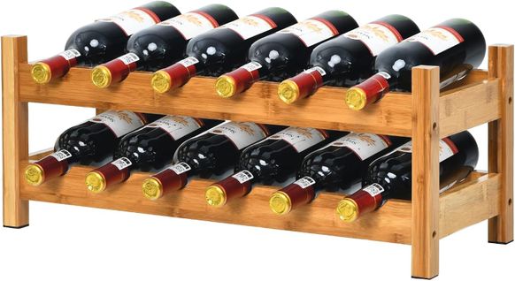 Casier à Vin De 12 Bouteilles, Stockage Du Vin En Bambou à 2 Niveaux, 62x24x25 Cm