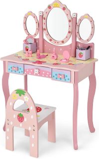 Coiffeuse Pour Enfants 2 En 1 Avec Miroir Amovible Pliable Chaise 3 Tiroirs 2 Boîtes Rose