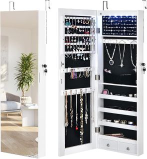 Armoire À Bijoux À Fixation Murale/porte 6 LED Et 2 Tiroirs Avec Miroir Grand Format Blanche