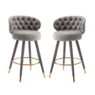 Lot De 2 Tabourets De Bar Gris 360° Velours Pieds En Bois