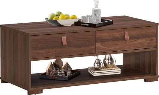 Table Basse Vintage Avec 2 Tiroirs Et Étagère De Rangement Ouverte, 100 X 44 X 41 Cm, Marron