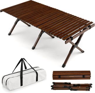 Table De Camping Pliante En Bambou à Latte Enroulable, Charge Max 50kg 122x60x43,5cm, Café