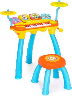 Jouet Musical Bébé Piano à 24 Touches Et Percussion Batterie Avec Tabouret,micro,bleu