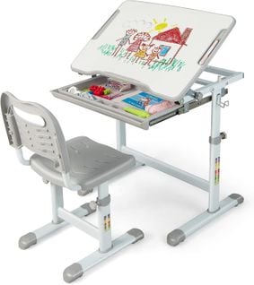 Bureau Pour Enfant, Hauteur Réglable, Inclinable 0-45°, Ensemble Table Et Chaise Avec Plateau, Tiro