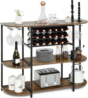 Meuble De Rangement à 3 Niveaux Avec Casier De Vin Et 4 Porte-verre En Fer, Rustique Marron