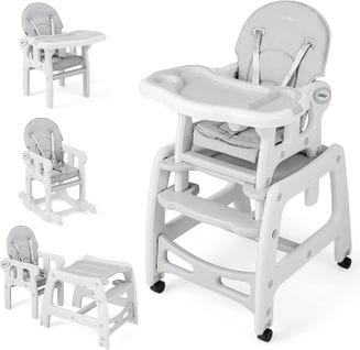 3 En 1 Chaise Haute Bébé Convertible Avec Plateau, Harnais 5 Points, Charge 20kg, 6-36 Mois Gris