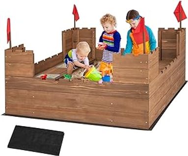 Bac à Sable En Bois Enfants 113 X 116cm Avec 2 Bancs, Boîte à Sable Sur Thème Du Château