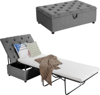 Lit Convertible Pliant 2 En 1, Lit Ottoman Pliant Avec Matelas Et Cadre En Métal, Gris