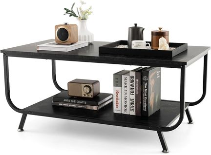 Table Basse Salon Double Plateau Effet Marbre,cadre En Métal, 105 X 55 X 46,5 Cm (noir)