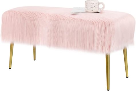 Banc En Fourrure Synthétique, Pieds En Métal Doré, Bout De Lit 91 35,5x 45,5 Cm (l X L X H) Rose