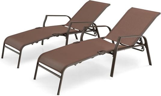 Lot De 2 Chaises Longues Avec Dossier Réglable, Tissu Respirant, Charge Max 150kg, Marron