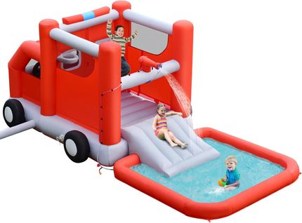 Toboggan Aquatique Gonflable Pour Enfants Sur Le Thème Voiture De Pompiers Avec Piscine