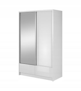 Armoire Placard 134x62x214cm Porte Coulissante 2 Tiroirs Miroir Étagères Blanc Brillant Ariana1