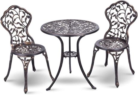 Salon De Jardin 3pcs En Fonte Aluminium, Ensemble 2 Chaises Et 1 Table Ronde Style Rétro Jardin Brun