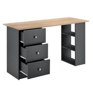 Bureau Table Secrétaire Poste De Travail Informatique Avec 3 Tiroirs 120 Cm Gris Foncé Et Bois 03_0