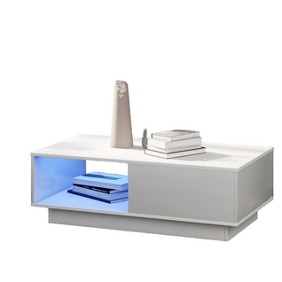 Table basse moderne haute brillance avec LED,  Table de salon blanche rectangulaire 95X55X32