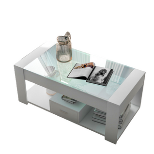 Table basse de salon avec plateau en verre 100x50x40, casiers et rangements, blanc